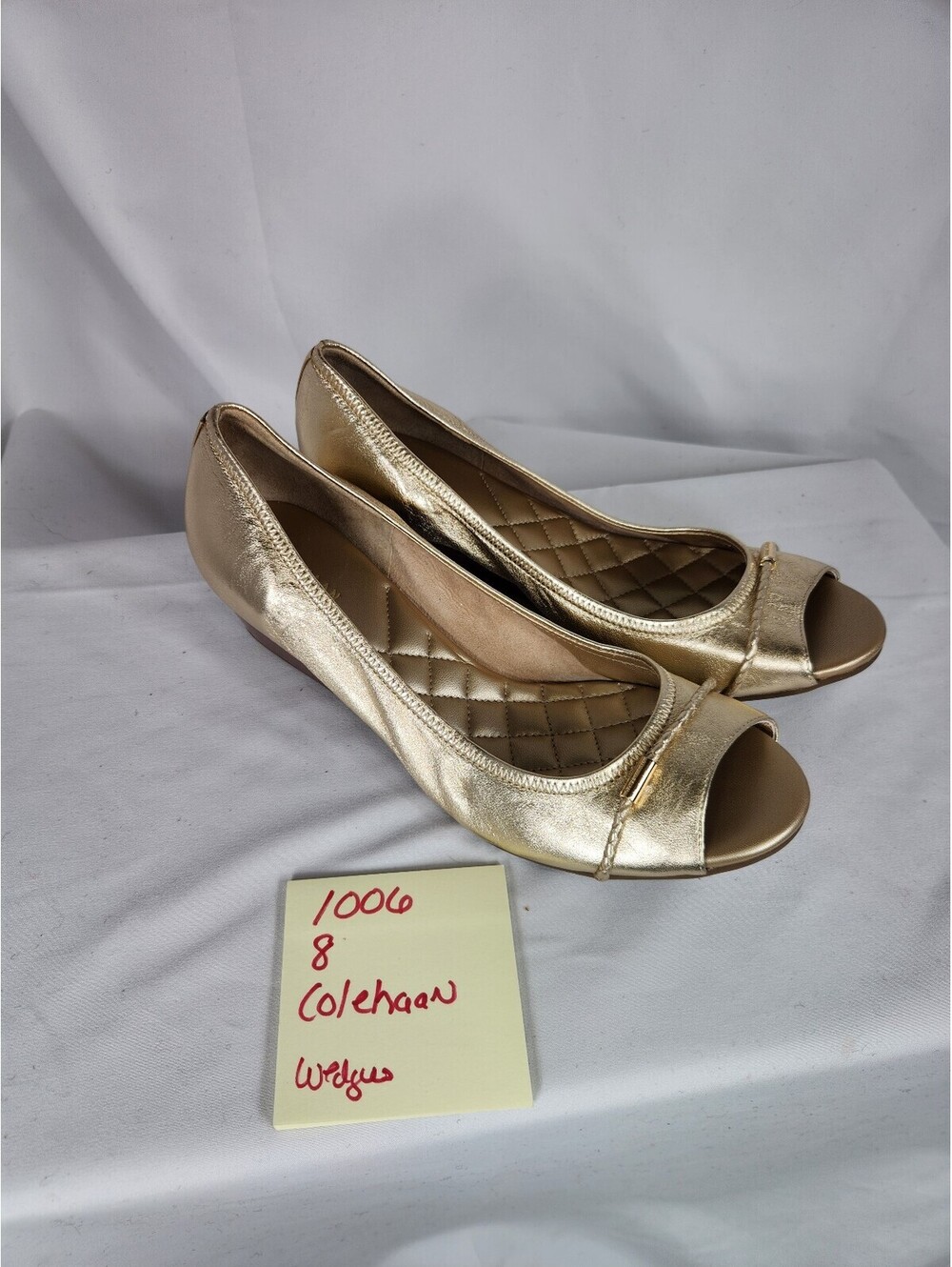 Cole Haan Women’s Leather Peep Toe Slip-On Wedge Heel Gold Braided 8 Nwot